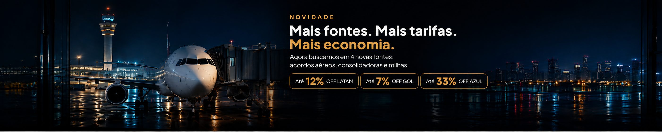 Avião no portão à noite, com a novidade das quatro novas fontes de tarifa